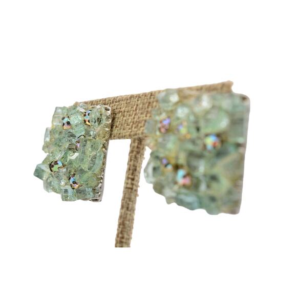 Lori B Vintage Crystal Earrings Pressed Glass Green AB Heavy Signed 1980s Bin4 - Picture 3 of 12